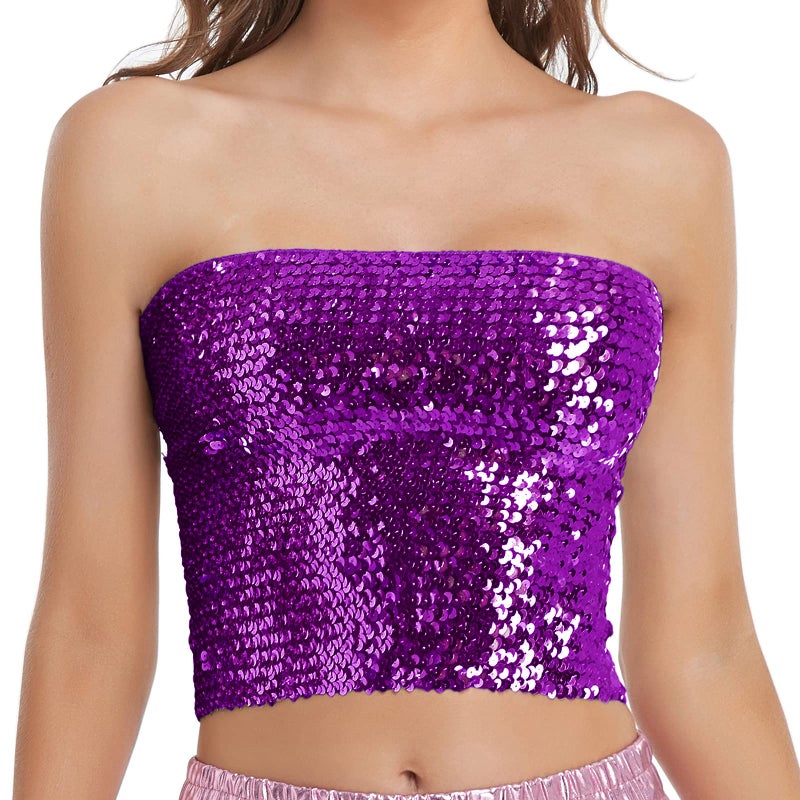 Fenyong Womens Sparkly Sequin Mermaid Crop Tops, Strapless Metallic Tube Tops for Party Clubwear(Purple) - Image 1